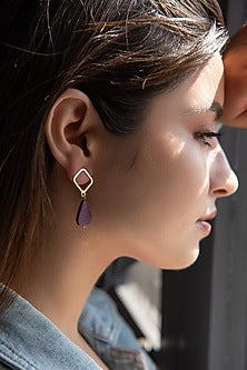 Gold Plated Purple Beaded Dangler Earrings