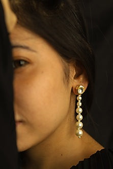 Gold Plated Kundan Polki & Pearl Drop Dangler Earrings