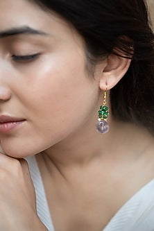 Gold Plated Green Onyx & Purple Natural Stone Dangler Earrings