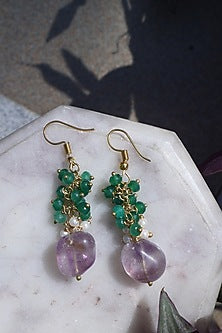 Gold Plated Green Onyx & Purple Natural Stone Dangler Earrings
