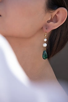 Gold Plated Pearl & Green Drop Dangler Earrings