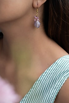 Gold Plated Pearl & Purple Drop Dangler Earrings