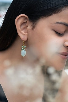 Gold Plated Pearl & Mint Drop Dangler Earrings