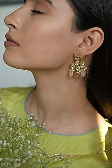 Gold Plated Kundan Polki & Pearl Dangler Earrings