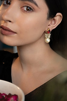 Gold Plated Red Kundan Polki & Pearl Dangler Earrings