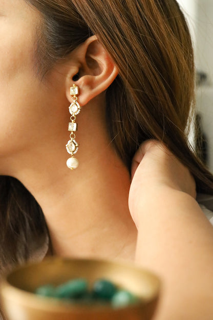 Gold Plated Kundan Polki & Pearl Dangler Earrings