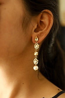 Gold Plated Kundan Polki & Pearl Dangler Earrings