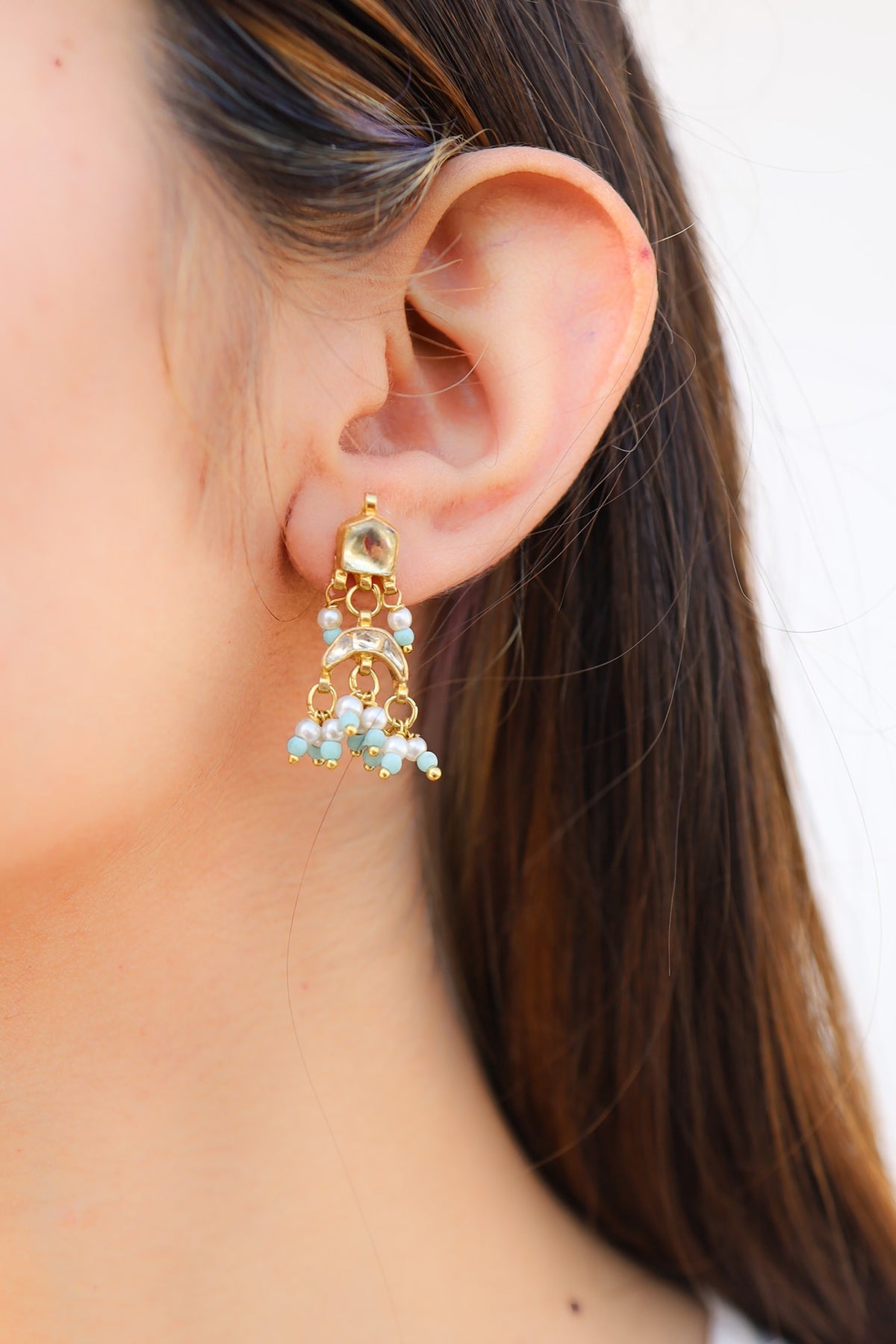 Gold Plated Turquoise Kundan Polki & Pearl Dangler Earrings