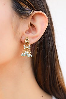 Gold Plated Turquoise Kundan Polki & Pearl Dangler Earrings