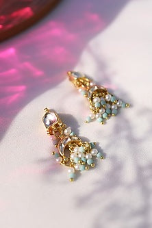 Gold Plated Turquoise Kundan Polki & Pearl Dangler Earrings