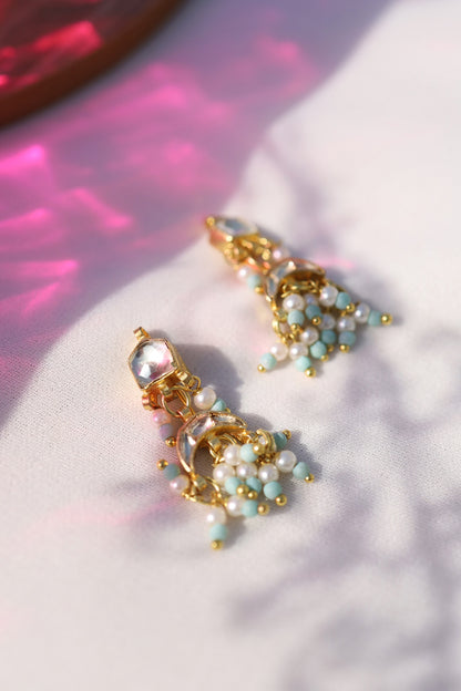 Gold Plated Turquoise Kundan Polki & Pearl Dangler Earrings