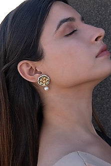 Gold Plated Kundan Polki & Shell Pearl Dangler Earrings