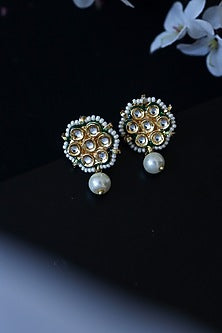 Gold Plated Kundan Polki & Shell Pearl Dangler Earrings