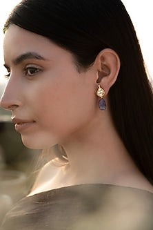 Gold Plated Kundan Polki & Purple Natural Stone Dangler Earrings
