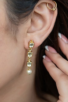 Gold Plated Kundan Polki & Pearl Drop Dangler Earrings