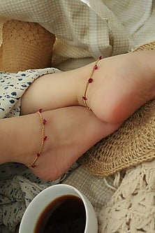 Gold Plated Red Natural Stone Anklets (Pair of 2)
