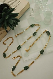 Gold Plated Green Natural Stone & Pearl Anklets (Set Of 2)