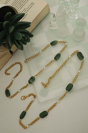 Gold Plated Green Natural Stone & Pearl Anklets (Set Of 2)