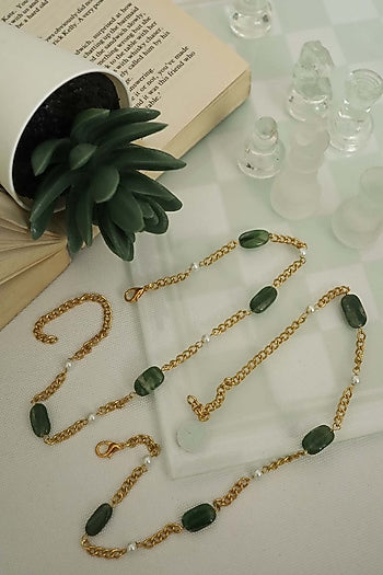Gold Plated Green Natural Stone & Pearl Anklets (Set Of 2)