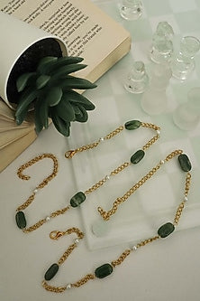 Gold Plated Green Natural Stone & Pearl Anklets (Set Of 2)