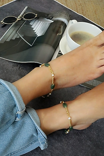 Gold Plated Green Natural Stone & Pearl Anklets (Set Of 2)