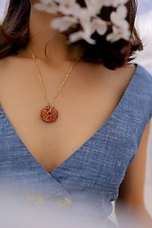 Gold Plated Orange Semi-Precious Natural Stone & Pearl Necklace