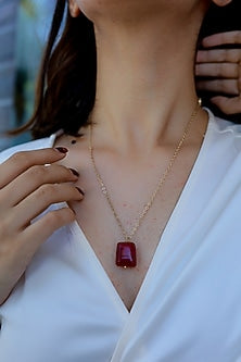 Gold Plated Ruby Red Natural Stone Pendant Necklace