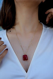 Gold Plated Ruby Red Natural Stone Pendant Necklace