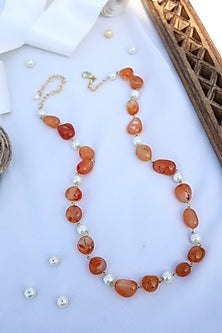 Gold Plated Orange Natural Stone & Pearl Necklace