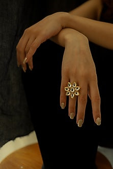 Gold Plated Kundan Polki Floral Ring