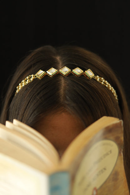 Gold Plated Kundan Polki & Pearl Headband