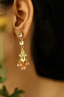 Gold Plated Kundan Polki & Peach Onyx Dangler Earrings