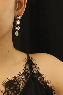 Rhodium Finish Kundan Polki & Mint Natural Stone Dangler Earrings