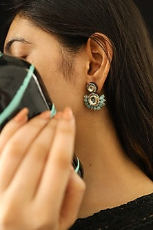 Rhodium Finish Kundan Polki & Turquoise Stone Dangler Earrings