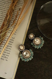 Rhodium Finish Kundan Polki & Turquoise Stone Dangler Earrings