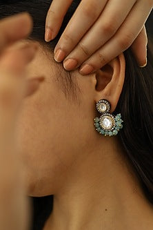 Rhodium Finish Kundan Polki & Turquoise Stone Dangler Earrings