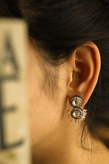 Rhodium Finish Kundan Polki & Pink Onyx Stone Dangler Earrings