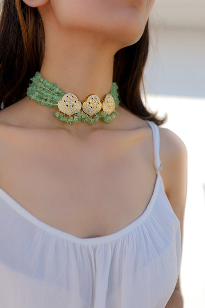 Gold Plated Kundan Polki & Green Onyx Choker Necklace