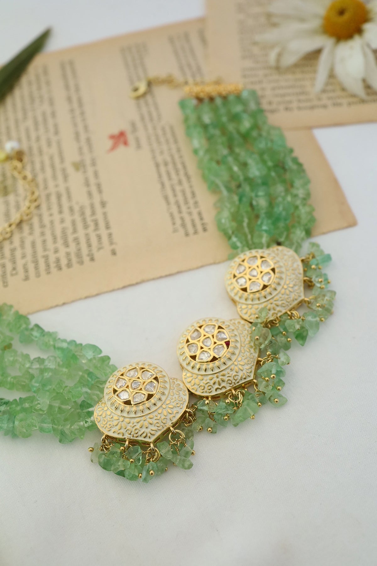 Gold Plated Kundan Polki & Green Onyx Choker Necklace