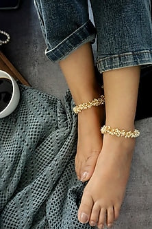 Gold Plated Pearl Anklets (Set Of 2)