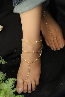 Gold Plated Layered Pearl Anklets (Set Of 2)
