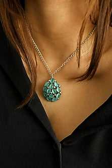 Rhodium Finish Turquoise Crystal & Cubic Zirconia Pendant Necklace
