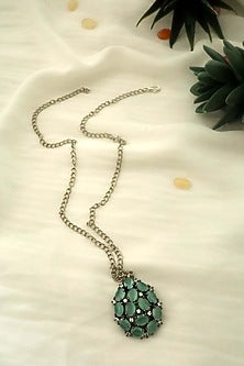 Rhodium Finish Turquoise Crystal & Cubic Zirconia Pendant Necklace