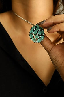 Rhodium Finish Turquoise Crystal & Cubic Zirconia Pendant Necklace