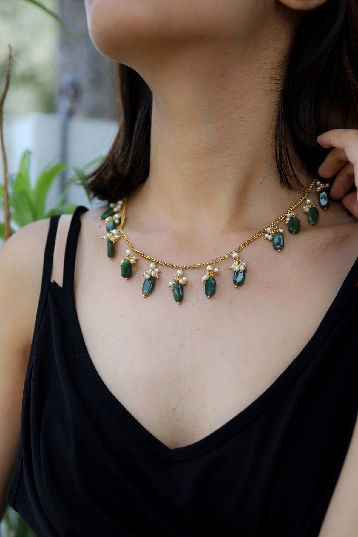 Gold Plated Green Stone & Pearl Handcrafted Necklace