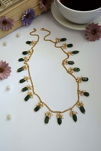 Gold Plated Green Stone & Pearl Handcrafted Necklace