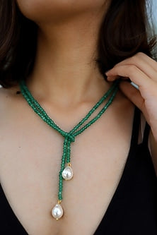 Gold Plated Green Stone & Pearl Drop Necklace