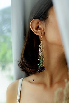 Gold Plated Mint Natural Stone & Onyx Dangler Earrings