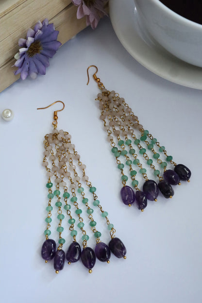 Gold Plated Mint Natural Stone & Onyx Dangler Earrings