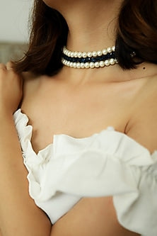 Gold Plated Navy Blue Natural Stone & Pearl Necklace